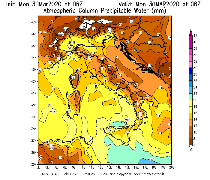 Mappa di analisi GFS - Precipitable Water [mm] in Italia
							del 30/03/2020 06 <!--googleoff: index-->UTC<!--googleon: index-->
