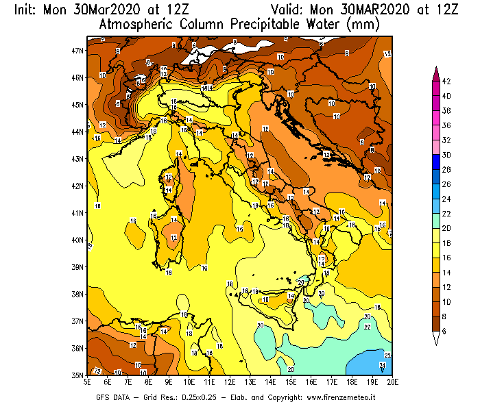 Mappa di analisi GFS - Precipitable Water [mm] in Italia
							del 30/03/2020 12 <!--googleoff: index-->UTC<!--googleon: index-->