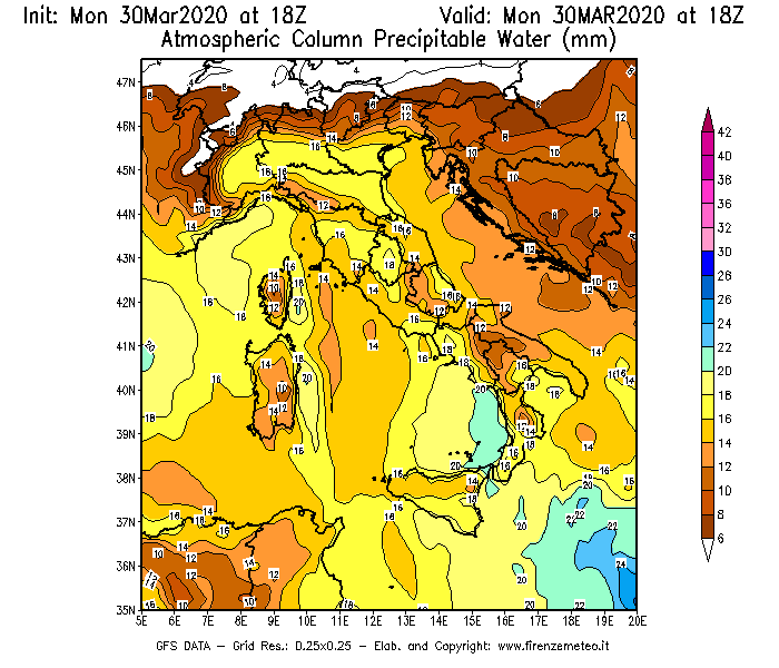 Mappa di analisi GFS - Precipitable Water [mm] in Italia
							del 30/03/2020 18 <!--googleoff: index-->UTC<!--googleon: index-->
