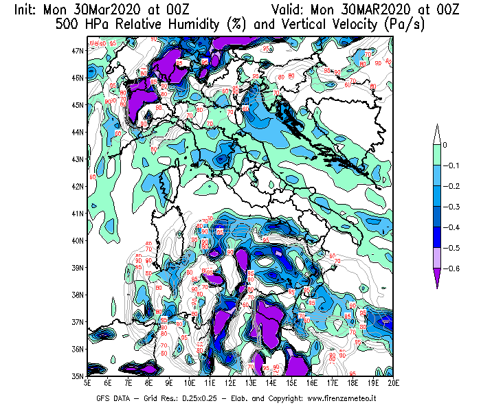 Mappa di analisi GFS - Umidità relativa [%] e Omega [Pa/s] a 500 hPa in Italia
							del 30/03/2020 00 <!--googleoff: index-->UTC<!--googleon: index-->