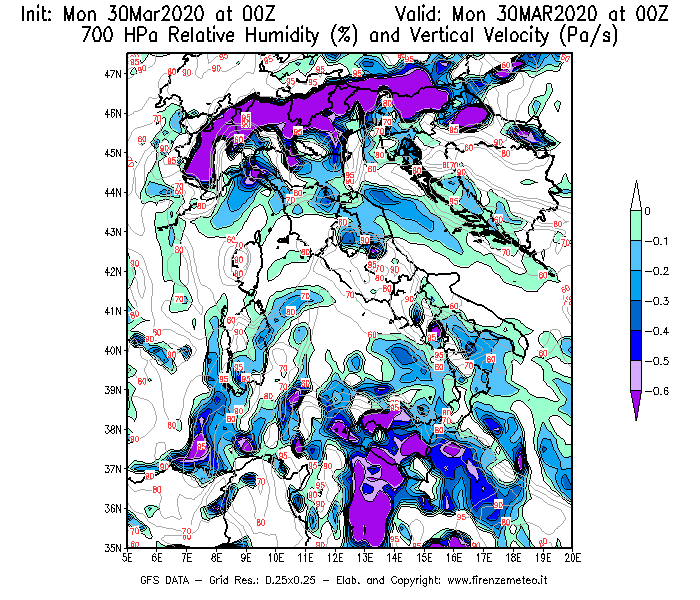 Mappa di analisi GFS - Umidità relativa [%] e Omega [Pa/s] a 700 hPa in Italia
							del 30/03/2020 00 <!--googleoff: index-->UTC<!--googleon: index-->