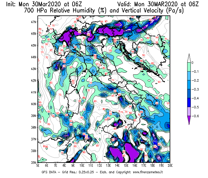Mappa di analisi GFS - Umidità relativa [%] e Omega [Pa/s] a 700 hPa in Italia
							del 30/03/2020 06 <!--googleoff: index-->UTC<!--googleon: index-->