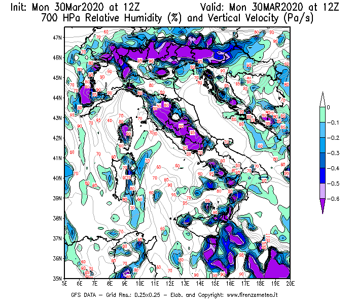 Mappa di analisi GFS - Umidità relativa [%] e Omega [Pa/s] a 700 hPa in Italia
							del 30/03/2020 12 <!--googleoff: index-->UTC<!--googleon: index-->