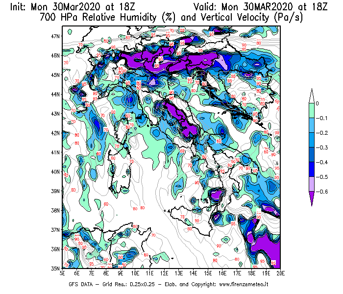 Mappa di analisi GFS - Umidità relativa [%] e Omega [Pa/s] a 700 hPa in Italia
							del 30/03/2020 18 <!--googleoff: index-->UTC<!--googleon: index-->