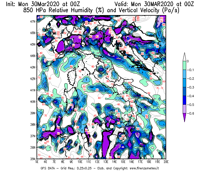 Mappa di analisi GFS - Umidità relativa [%] e Omega [Pa/s] a 850 hPa in Italia
							del 30/03/2020 00 <!--googleoff: index-->UTC<!--googleon: index-->