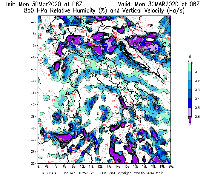 Mappa di analisi GFS - Umidità relativa [%] e Omega [Pa/s] a 850 hPa in Italia
							del 30/03/2020 06 <!--googleoff: index-->UTC<!--googleon: index-->