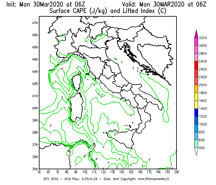 Mappa di analisi GFS - CAPE [J/kg] e Lifted Index [°C] in Italia
							del 30/03/2020 06 <!--googleoff: index-->UTC<!--googleon: index-->