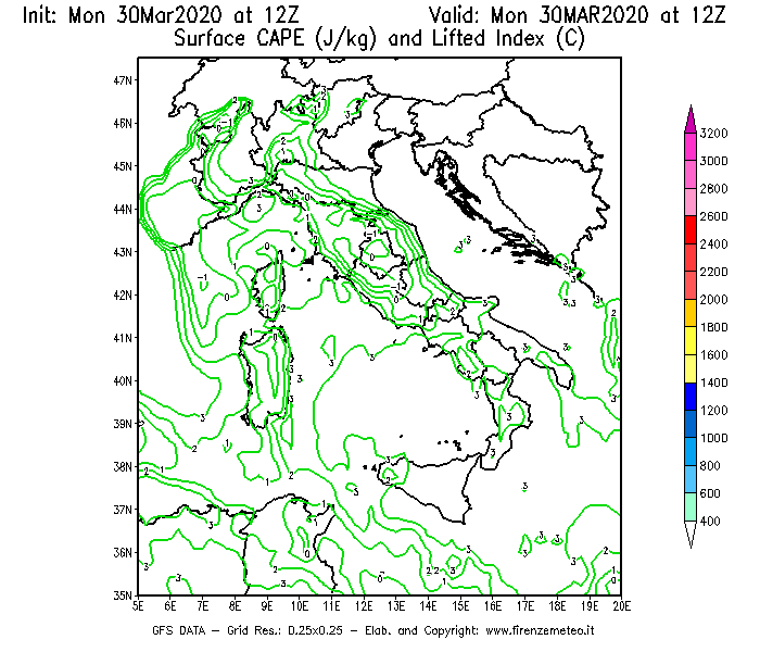 Mappa di analisi GFS - CAPE [J/kg] e Lifted Index [°C] in Italia
							del 30/03/2020 12 <!--googleoff: index-->UTC<!--googleon: index-->