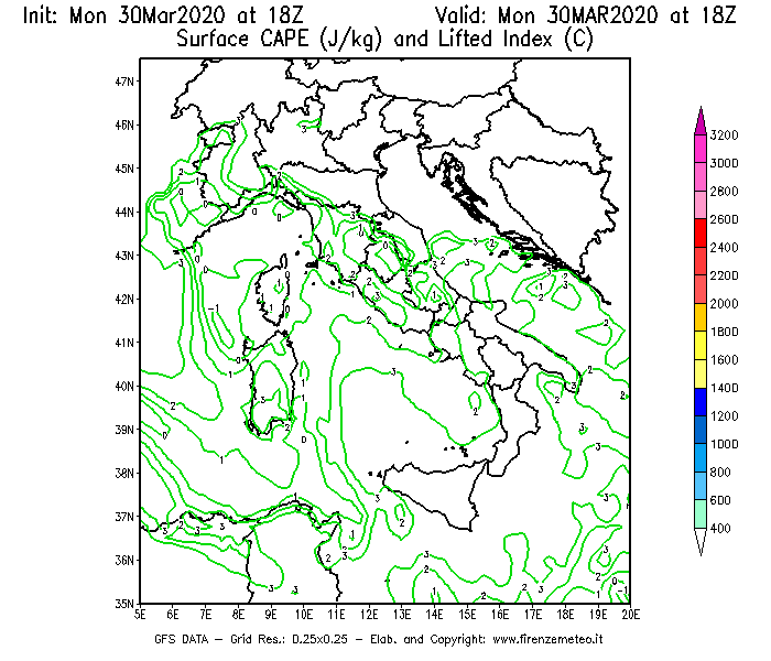 Mappa di analisi GFS - CAPE [J/kg] e Lifted Index [°C] in Italia
							del 30/03/2020 18 <!--googleoff: index-->UTC<!--googleon: index-->