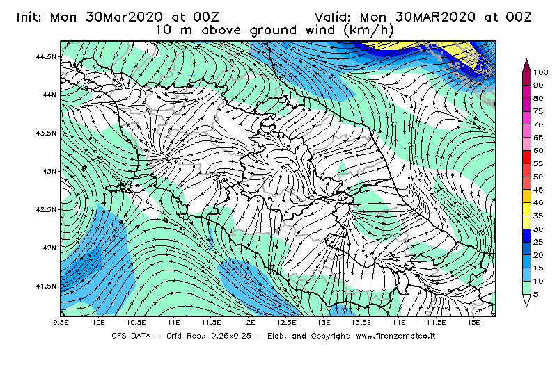 Mappa di analisi GFS - Velocità del vento a 10 metri dal suolo [km/h] in Centro-Italia
							del 30/03/2020 00 <!--googleoff: index-->UTC<!--googleon: index-->