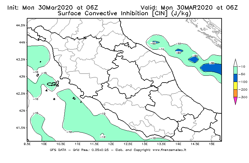 Mappa di analisi GFS - CIN [J/kg] in Centro-Italia
							del 30/03/2020 06 <!--googleoff: index-->UTC<!--googleon: index-->