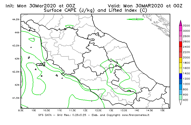 Mappa di analisi GFS - CAPE [J/kg] e Lifted Index [°C] in Centro-Italia
							del 30/03/2020 00 <!--googleoff: index-->UTC<!--googleon: index-->
