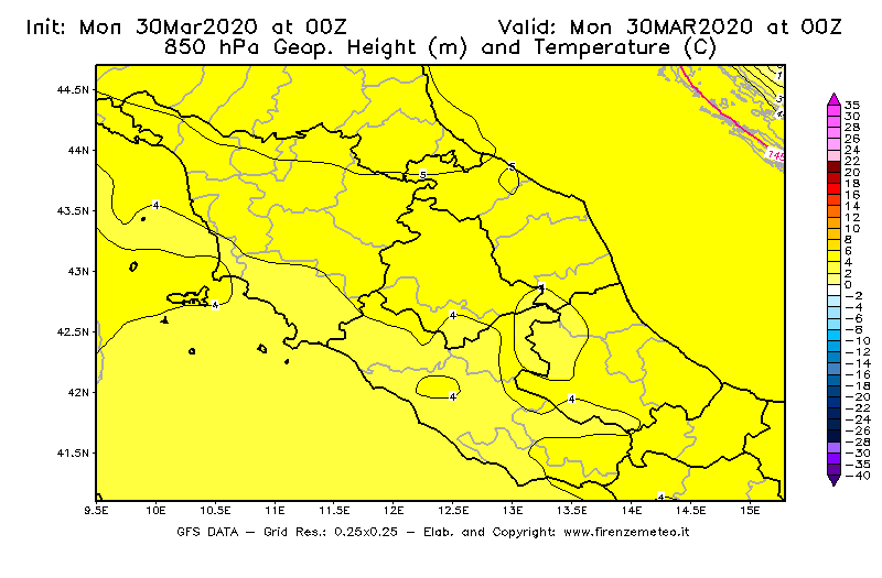 Mappa di analisi GFS - Geopotenziale [m] e Temperatura [°C] a 850 hPa in Centro-Italia
							del 30/03/2020 00 <!--googleoff: index-->UTC<!--googleon: index-->