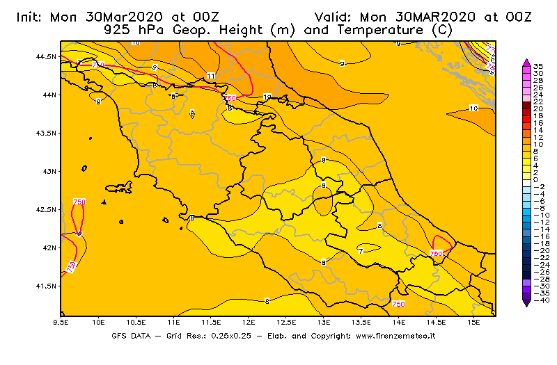Mappa di analisi GFS - Geopotenziale [m] e Temperatura [°C] a 925 hPa in Centro-Italia
							del 30/03/2020 00 <!--googleoff: index-->UTC<!--googleon: index-->