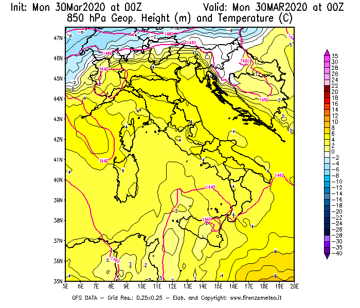 Mappa di analisi GFS - Geopotenziale [m] e Temperatura [°C] a 850 hPa in Italia
							del 30/03/2020 00 <!--googleoff: index-->UTC<!--googleon: index-->