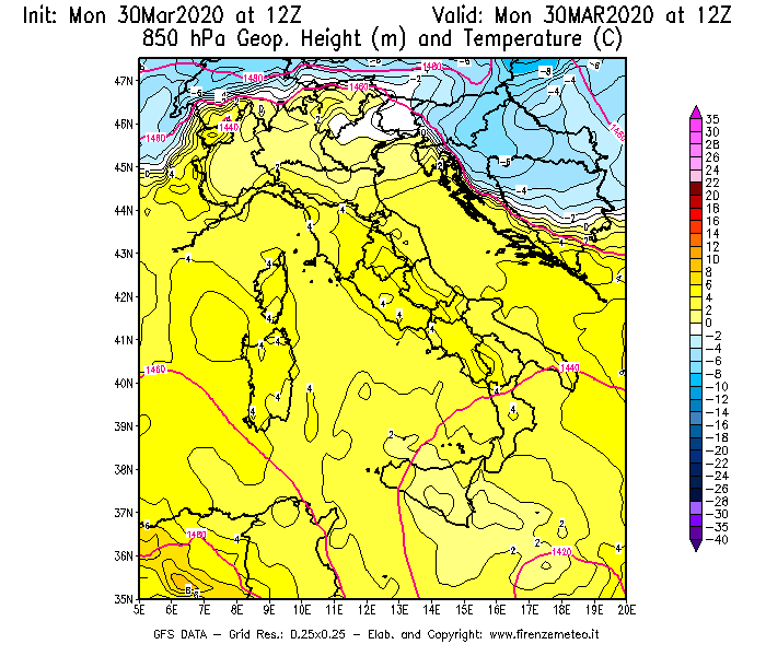Mappa di analisi GFS - Geopotenziale [m] e Temperatura [°C] a 850 hPa in Italia
							del 30/03/2020 12 <!--googleoff: index-->UTC<!--googleon: index-->