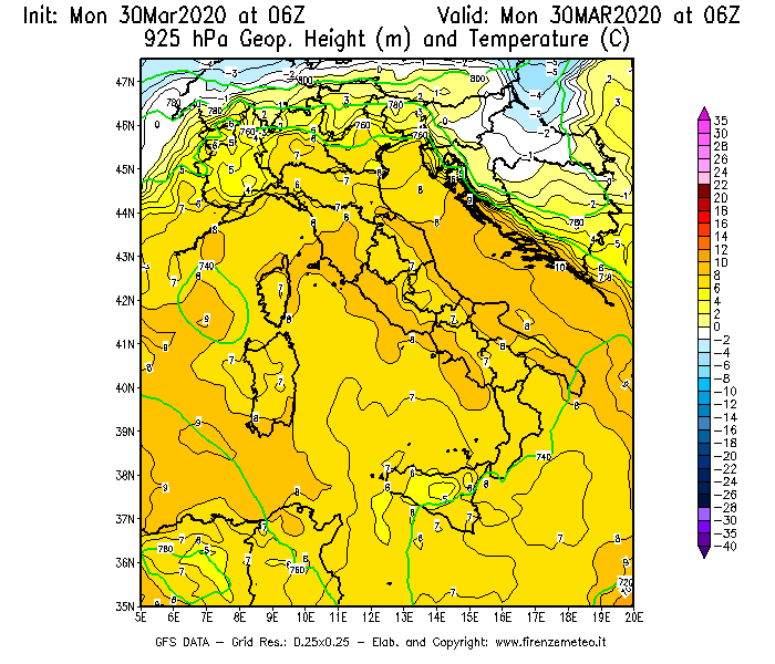 Mappa di analisi GFS - Geopotenziale [m] e Temperatura [°C] a 925 hPa in Italia
							del 30/03/2020 06 <!--googleoff: index-->UTC<!--googleon: index-->