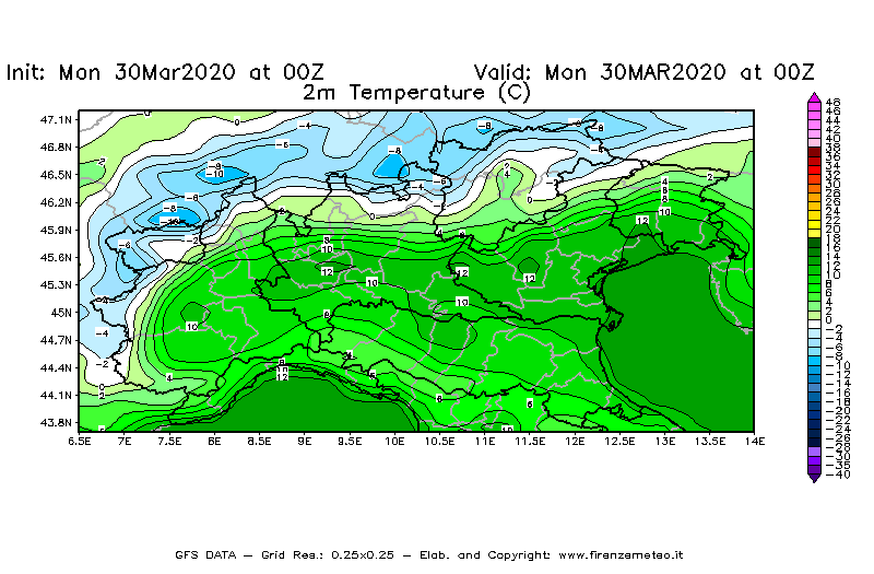 Mappa di analisi GFS - Temperatura a 2 metri dal suolo [°C] in Nord-Italia
							del 30/03/2020 00 <!--googleoff: index-->UTC<!--googleon: index-->