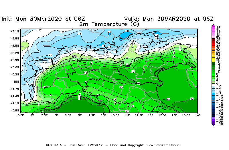 Mappa di analisi GFS - Temperatura a 2 metri dal suolo [°C] in Nord-Italia
							del 30/03/2020 06 <!--googleoff: index-->UTC<!--googleon: index-->