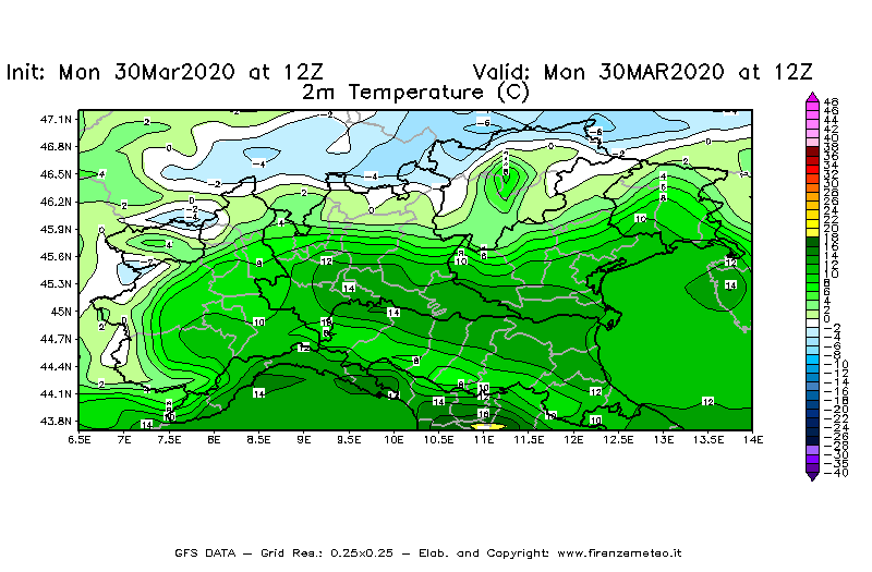 Mappa di analisi GFS - Temperatura a 2 metri dal suolo [°C] in Nord-Italia
							del 30/03/2020 12 <!--googleoff: index-->UTC<!--googleon: index-->