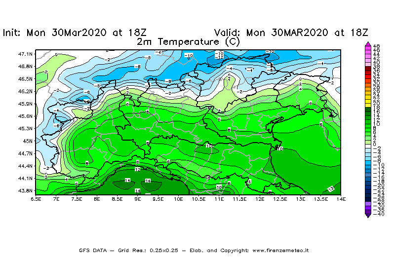 Mappa di analisi GFS - Temperatura a 2 metri dal suolo [°C] in Nord-Italia
							del 30/03/2020 18 <!--googleoff: index-->UTC<!--googleon: index-->
