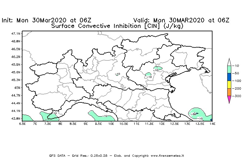 Mappa di analisi GFS - CIN [J/kg] in Nord-Italia
							del 30/03/2020 06 <!--googleoff: index-->UTC<!--googleon: index-->