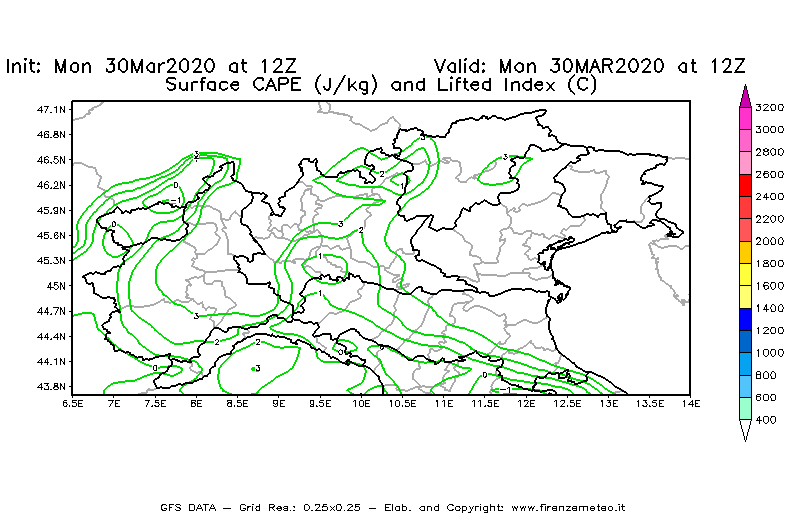 Mappa di analisi GFS - CAPE [J/kg] e Lifted Index [°C] in Nord-Italia
							del 30/03/2020 12 <!--googleoff: index-->UTC<!--googleon: index-->