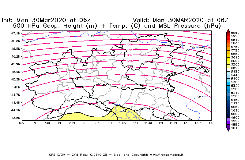 Mappa di analisi GFS - Geopotenziale [m] + Temp. [°C] a 500 hPa + Press. a livello del mare [hPa] in Nord-Italia
							del 30/03/2020 06 <!--googleoff: index-->UTC<!--googleon: index-->