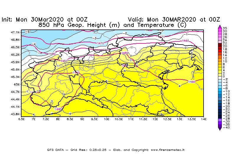 Mappa di analisi GFS - Geopotenziale [m] e Temperatura [°C] a 850 hPa in Nord-Italia
							del 30/03/2020 00 <!--googleoff: index-->UTC<!--googleon: index-->