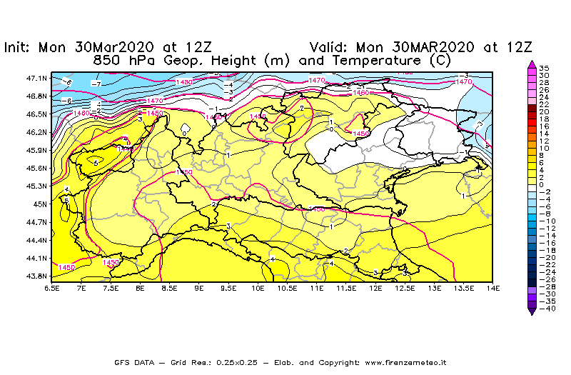 Mappa di analisi GFS - Geopotenziale [m] e Temperatura [°C] a 850 hPa in Nord-Italia
							del 30/03/2020 12 <!--googleoff: index-->UTC<!--googleon: index-->