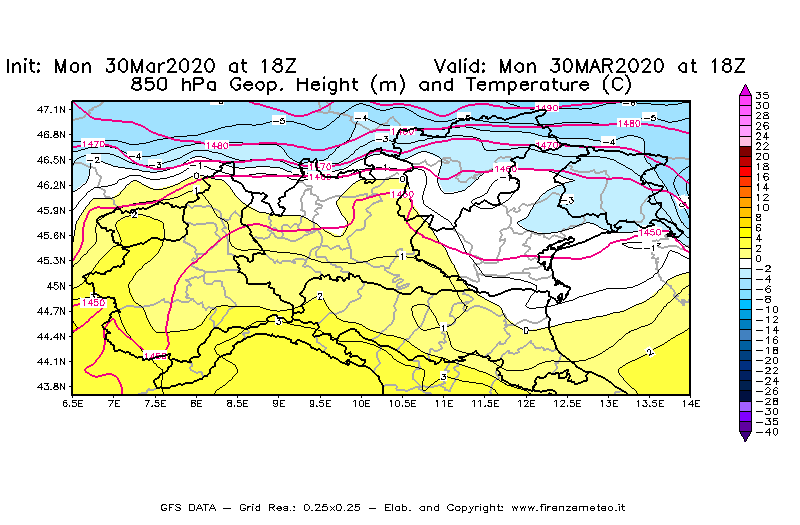 Mappa di analisi GFS - Geopotenziale [m] e Temperatura [°C] a 850 hPa in Nord-Italia
							del 30/03/2020 18 <!--googleoff: index-->UTC<!--googleon: index-->