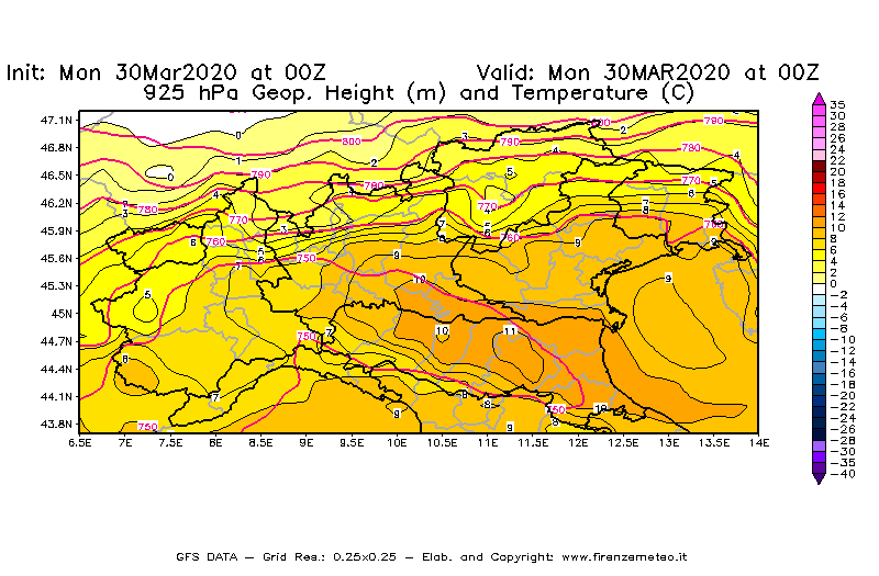 Mappa di analisi GFS - Geopotenziale [m] e Temperatura [°C] a 925 hPa in Nord-Italia
							del 30/03/2020 00 <!--googleoff: index-->UTC<!--googleon: index-->