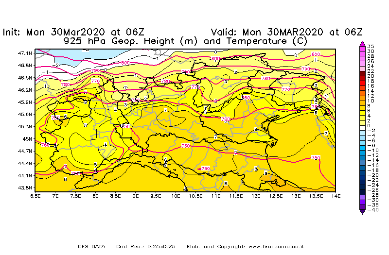 Mappa di analisi GFS - Geopotenziale [m] e Temperatura [°C] a 925 hPa in Nord-Italia
							del 30/03/2020 06 <!--googleoff: index-->UTC<!--googleon: index-->