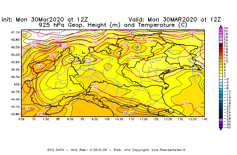 Mappa di analisi GFS - Geopotenziale [m] e Temperatura [°C] a 925 hPa in Nord-Italia
							del 30/03/2020 12 <!--googleoff: index-->UTC<!--googleon: index-->