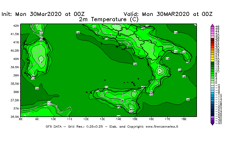 Mappa di analisi GFS - Temperatura a 2 metri dal suolo [°C] in Sud-Italia
							del 30/03/2020 00 <!--googleoff: index-->UTC<!--googleon: index-->