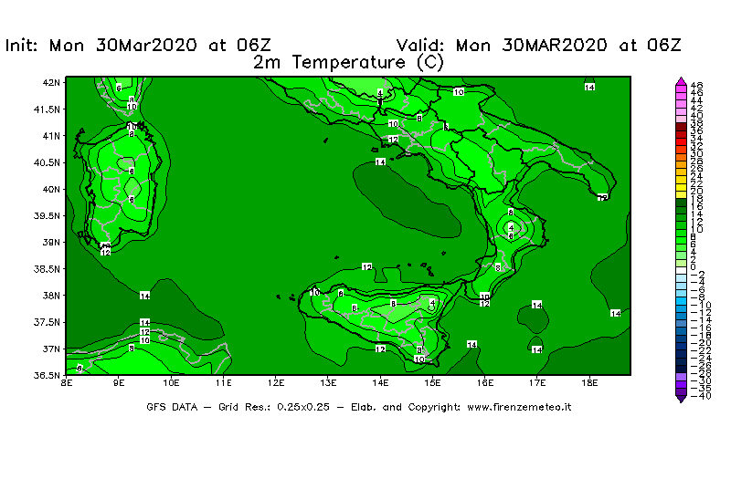 Mappa di analisi GFS - Temperatura a 2 metri dal suolo [°C] in Sud-Italia
							del 30/03/2020 06 <!--googleoff: index-->UTC<!--googleon: index-->