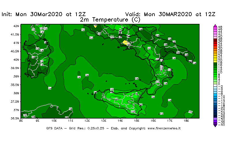 Mappa di analisi GFS - Temperatura a 2 metri dal suolo [°C] in Sud-Italia
							del 30/03/2020 12 <!--googleoff: index-->UTC<!--googleon: index-->