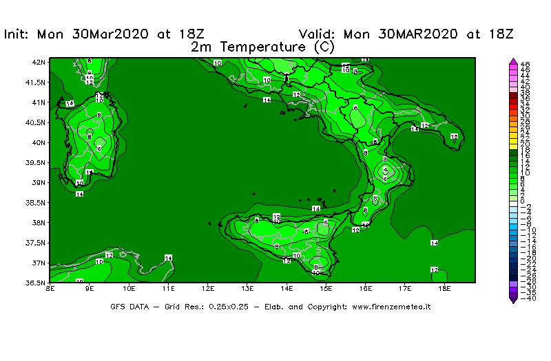 Mappa di analisi GFS - Temperatura a 2 metri dal suolo [°C] in Sud-Italia
							del 30/03/2020 18 <!--googleoff: index-->UTC<!--googleon: index-->