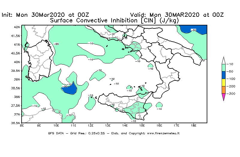 Mappa di analisi GFS - CIN [J/kg] in Sud-Italia
							del 30/03/2020 00 <!--googleoff: index-->UTC<!--googleon: index-->