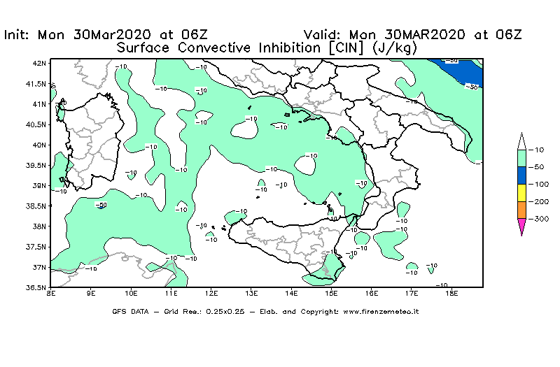 Mappa di analisi GFS - CIN [J/kg] in Sud-Italia
							del 30/03/2020 06 <!--googleoff: index-->UTC<!--googleon: index-->