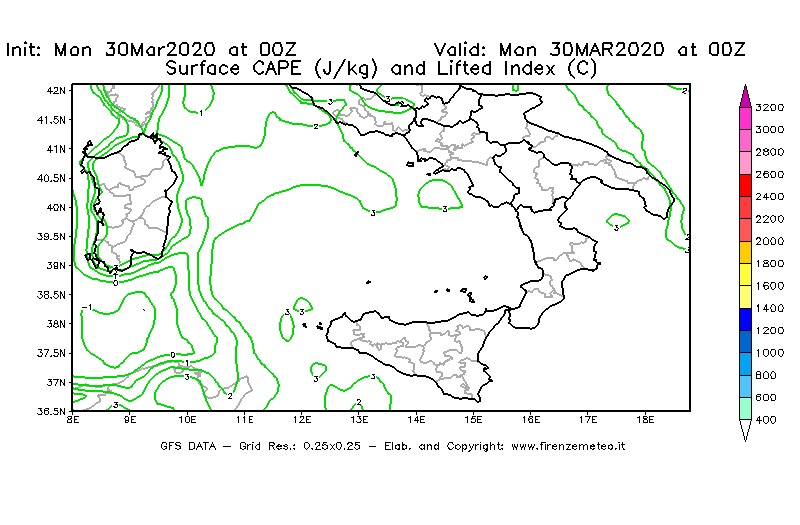 Mappa di analisi GFS - CAPE [J/kg] e Lifted Index [°C] in Sud-Italia
							del 30/03/2020 00 <!--googleoff: index-->UTC<!--googleon: index-->