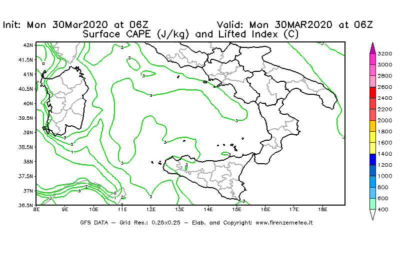 Mappa di analisi GFS - CAPE [J/kg] e Lifted Index [°C] in Sud-Italia
							del 30/03/2020 06 <!--googleoff: index-->UTC<!--googleon: index-->