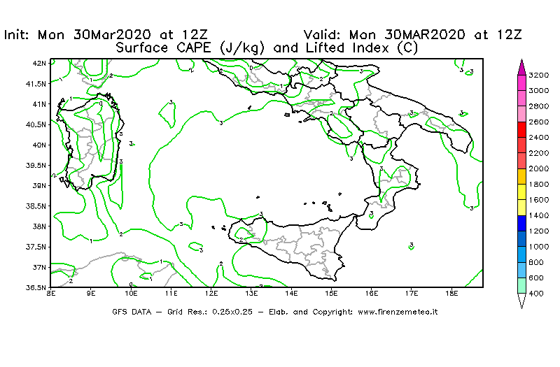 Mappa di analisi GFS - CAPE [J/kg] e Lifted Index [°C] in Sud-Italia
							del 30/03/2020 12 <!--googleoff: index-->UTC<!--googleon: index-->