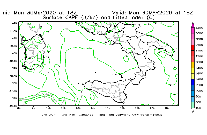 Mappa di analisi GFS - CAPE [J/kg] e Lifted Index [°C] in Sud-Italia
							del 30/03/2020 18 <!--googleoff: index-->UTC<!--googleon: index-->