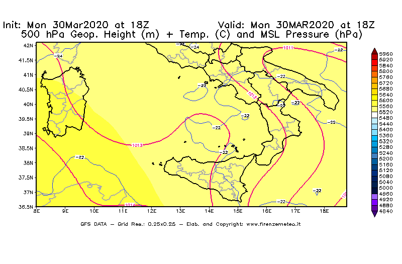 Mappa di analisi GFS - Geopotenziale [m] + Temp. [°C] a 500 hPa + Press. a livello del mare [hPa] in Sud-Italia
							del 30/03/2020 18 <!--googleoff: index-->UTC<!--googleon: index-->