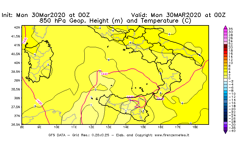 Mappa di analisi GFS - Geopotenziale [m] e Temperatura [°C] a 850 hPa in Sud-Italia
							del 30/03/2020 00 <!--googleoff: index-->UTC<!--googleon: index-->