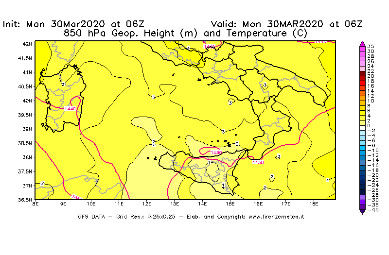 Mappa di analisi GFS - Geopotenziale [m] e Temperatura [°C] a 850 hPa in Sud-Italia
							del 30/03/2020 06 <!--googleoff: index-->UTC<!--googleon: index-->