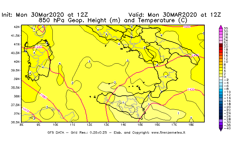 Mappa di analisi GFS - Geopotenziale [m] e Temperatura [°C] a 850 hPa in Sud-Italia
							del 30/03/2020 12 <!--googleoff: index-->UTC<!--googleon: index-->