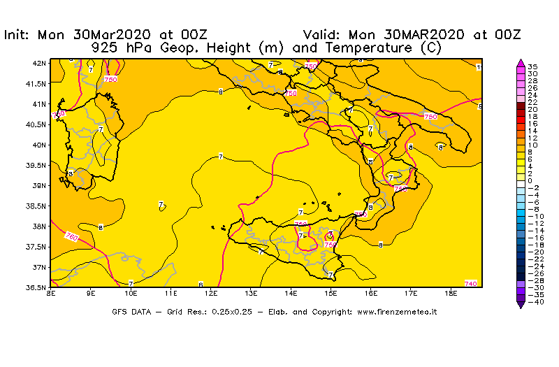 Mappa di analisi GFS - Geopotenziale [m] e Temperatura [°C] a 925 hPa in Sud-Italia
							del 30/03/2020 00 <!--googleoff: index-->UTC<!--googleon: index-->