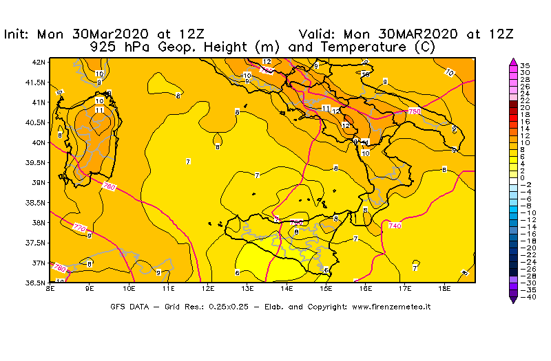 Mappa di analisi GFS - Geopotenziale [m] e Temperatura [°C] a 925 hPa in Sud-Italia
							del 30/03/2020 12 <!--googleoff: index-->UTC<!--googleon: index-->